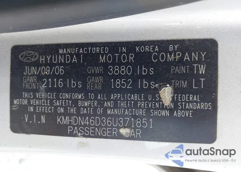 2006 Hyundai Elantra Gls/Limited z USA, uszkodzony, nr VIN KMHDN46D36U371851